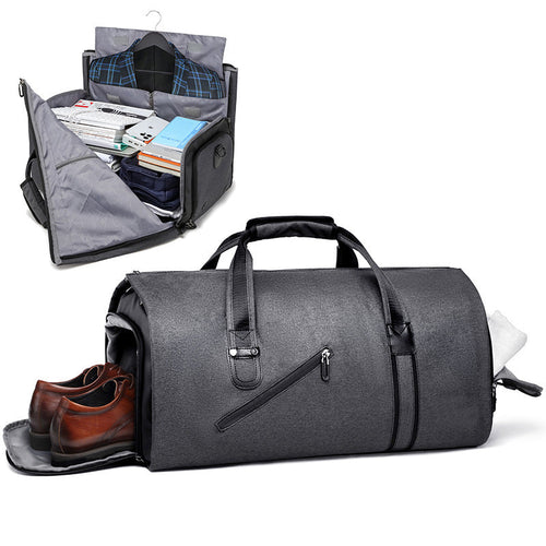 Foldable black suit travel bag for men with compartments for clothes, shoes, and accessories, designed for wrinkle-free garment storage and easy portability
