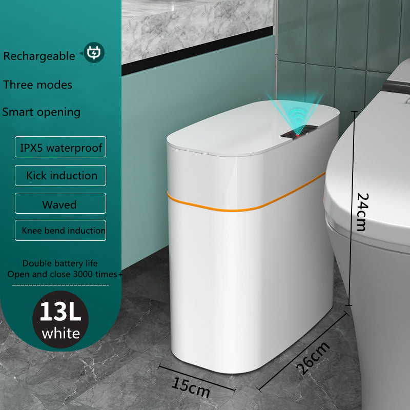 Smart trash can with touchless lid, 13L capacity, sleek design, waterproof, perfect for kitchen or bathroom.
