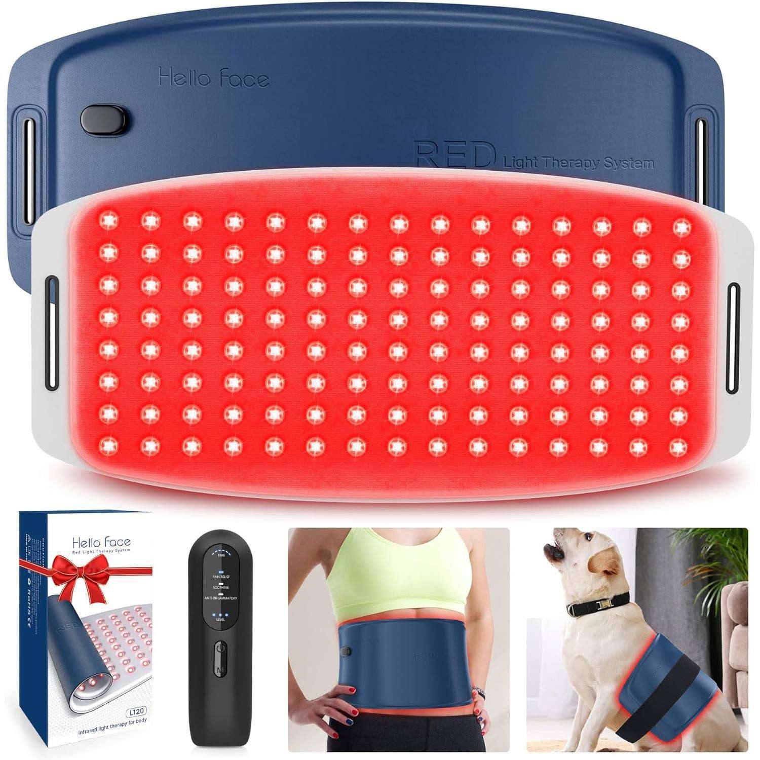 Wireless red light therapy belt with rechargeable battery for full-body pain relief and muscle recovery, suitable for humans and dogs.