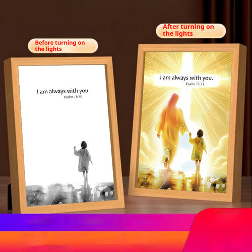 The Jesus Lamp showing Psalm 73:23 with a silhouette design that illuminates a radiant image of Jesus and a child when turned on, displayed in a wooden frame.