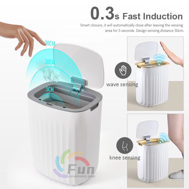 Smart trash can with touchless sensing features for fast waste disposal, ideal for home and car use.