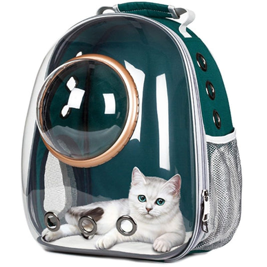 Full transparent cat carrier backpack with ergonomic straps, side entry, breathable ventilation, and panoramic bubble window for safe, comfortable pet travel.