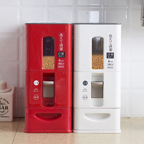 Red and white moisture-proof cat food buckets with measuring windows and dispensing levers for pet food storage
