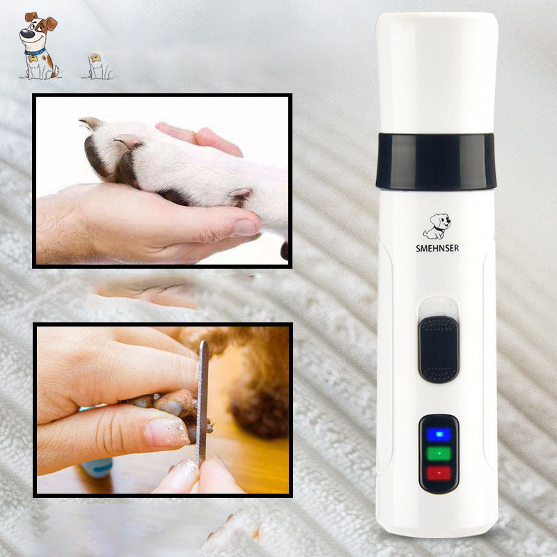 White rechargeable pet nail grinder with LED indicator and ergonomic design for safe, quiet grooming of dogs and cats.