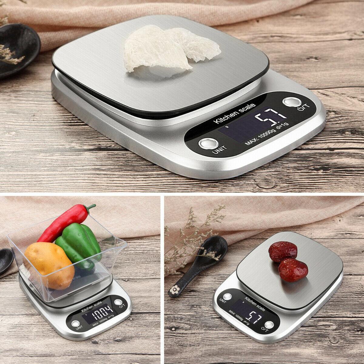 Digital kitchen food scale with stainless steel platform and LCD display, measuring various foods precisely in grams and ounces.