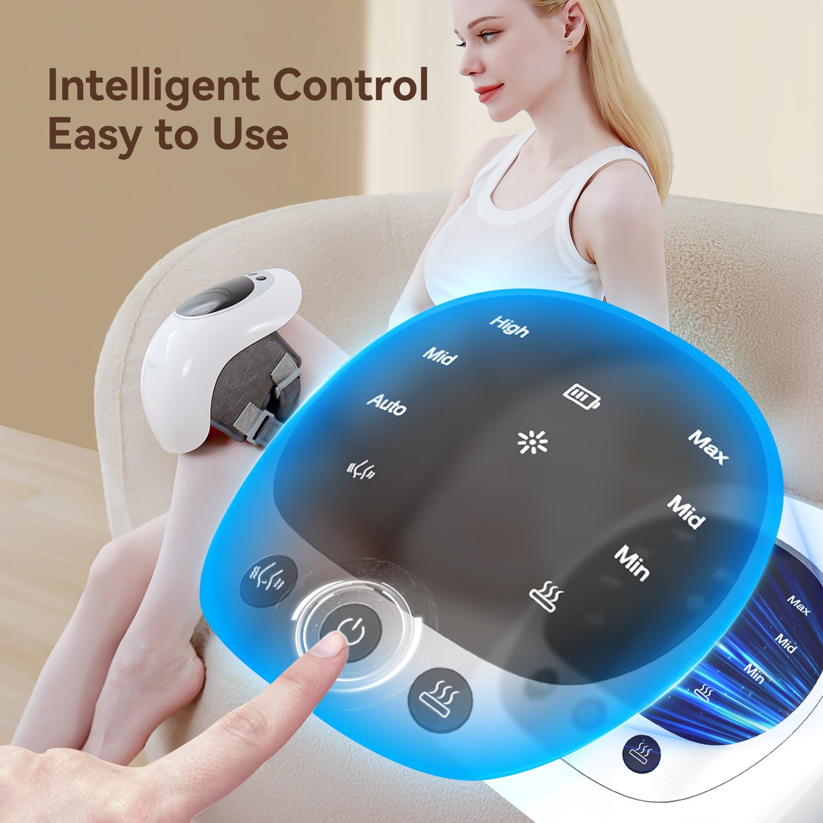 User controlling a wireless knee massager with LED display for pain relief and relaxation.