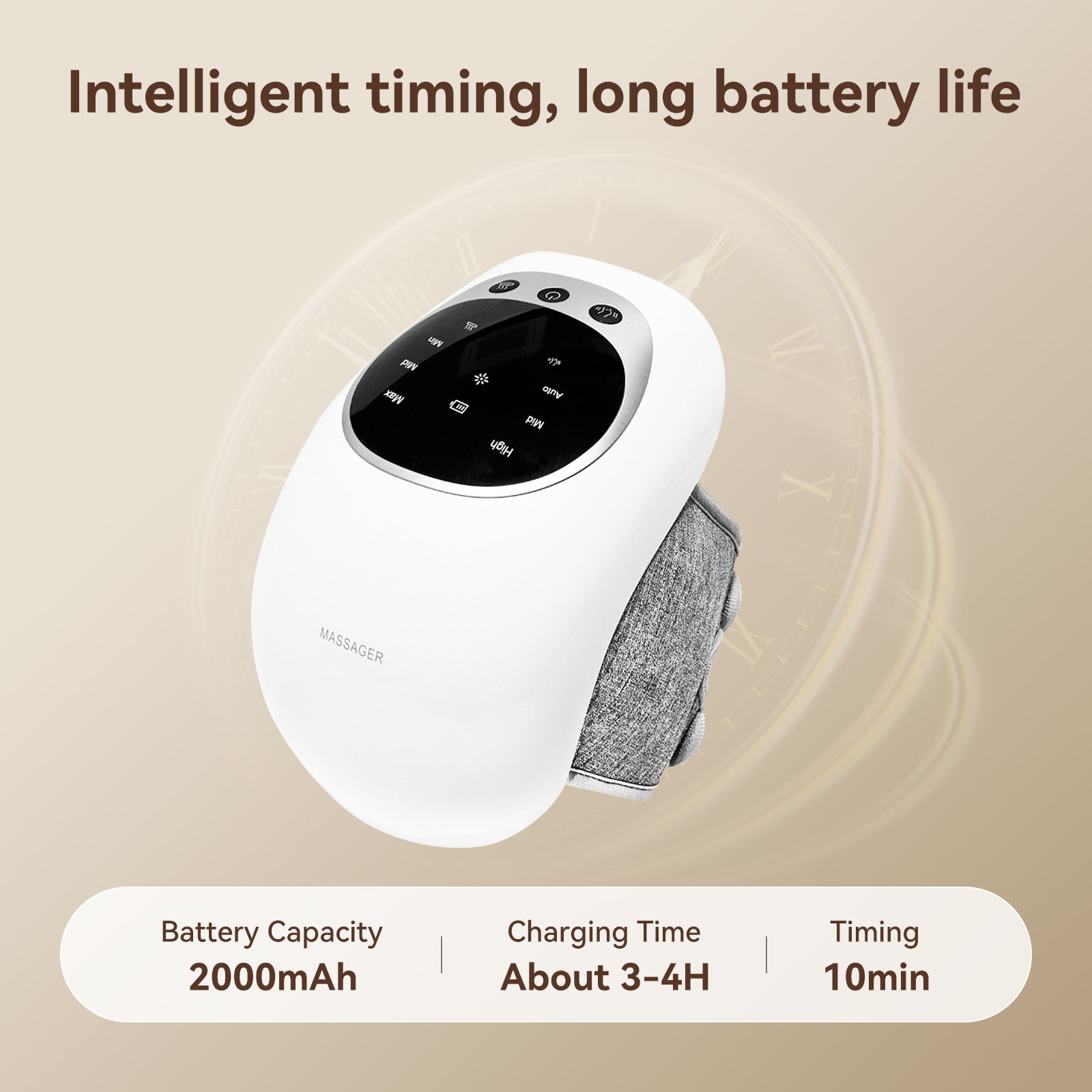 Wireless knee massager showing intelligent timing, long battery life, and user-friendly controls.