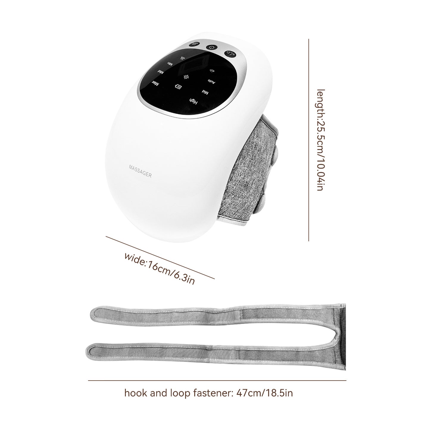 Wireless knee massager showcasing control panel, dimensions, and hook and loop fastener for optimal fit.