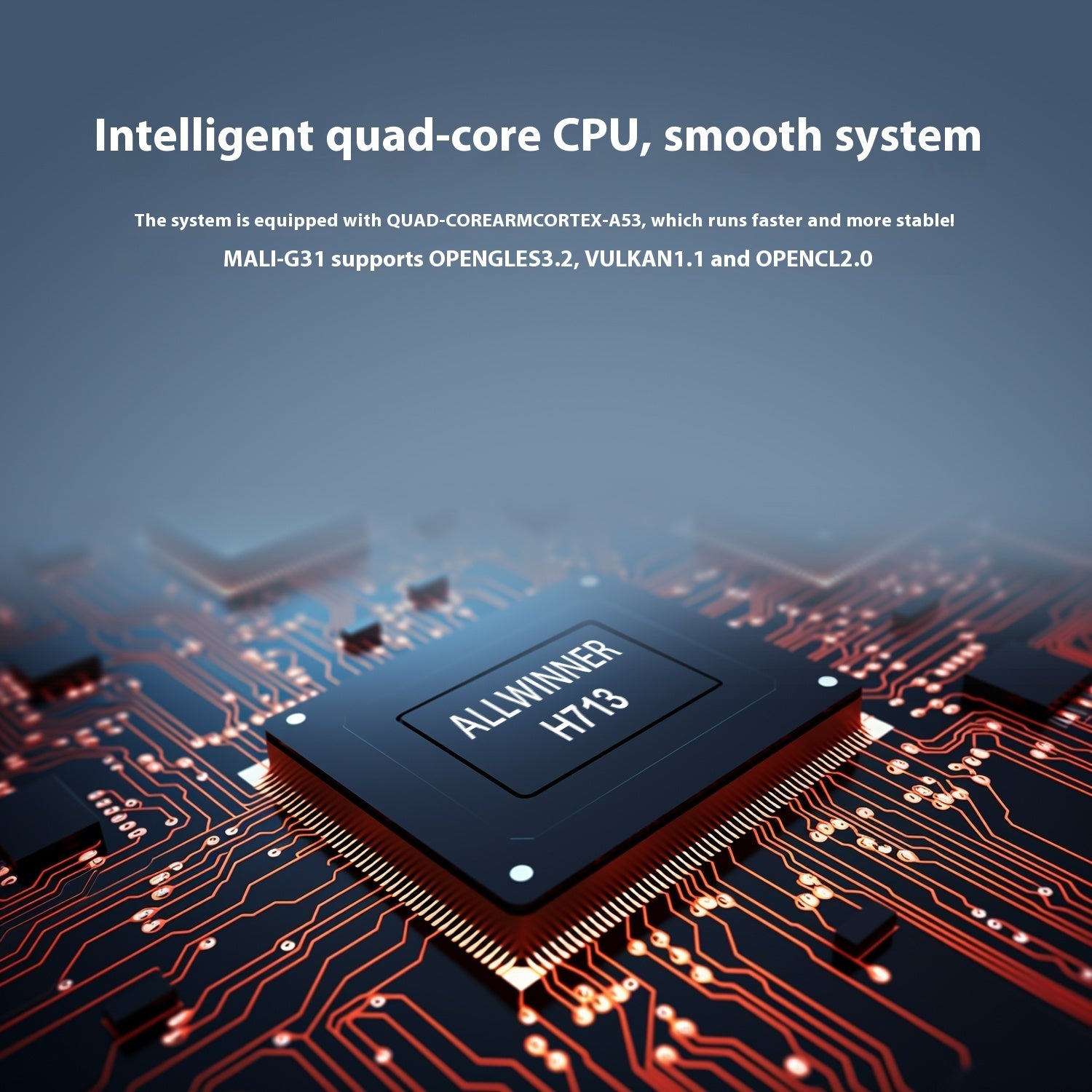 Close-up of Allwinner H713 quad-core CPU on circuit board, showcasing intelligent processing for smooth performance.