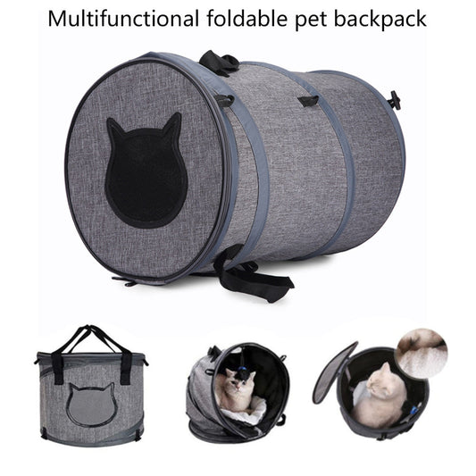 Foldable gray pet carrier tunnel with mesh ventilation and cat-shaped window, suitable for cats and small dogs.