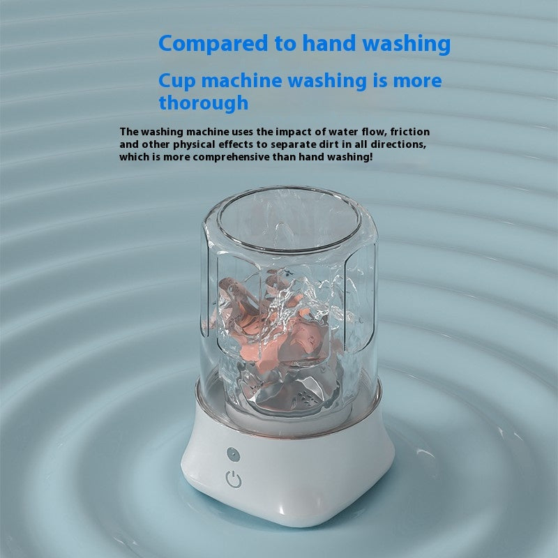 Mini rechargeable washing machine demonstrating effective cleaning with water flow effects.
