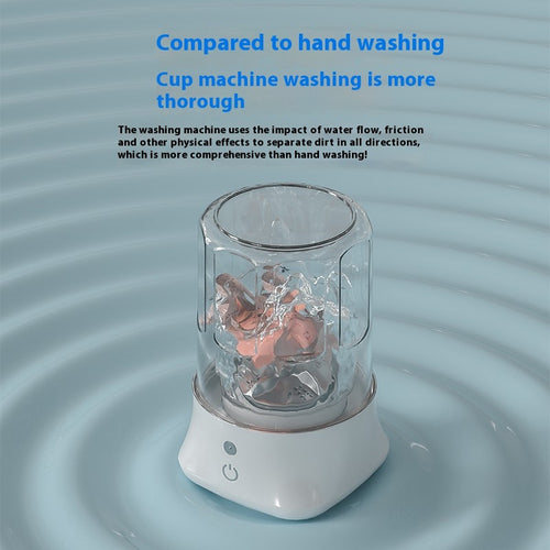 Mini rechargeable washing machine demonstrating effective cleaning with water flow effects.