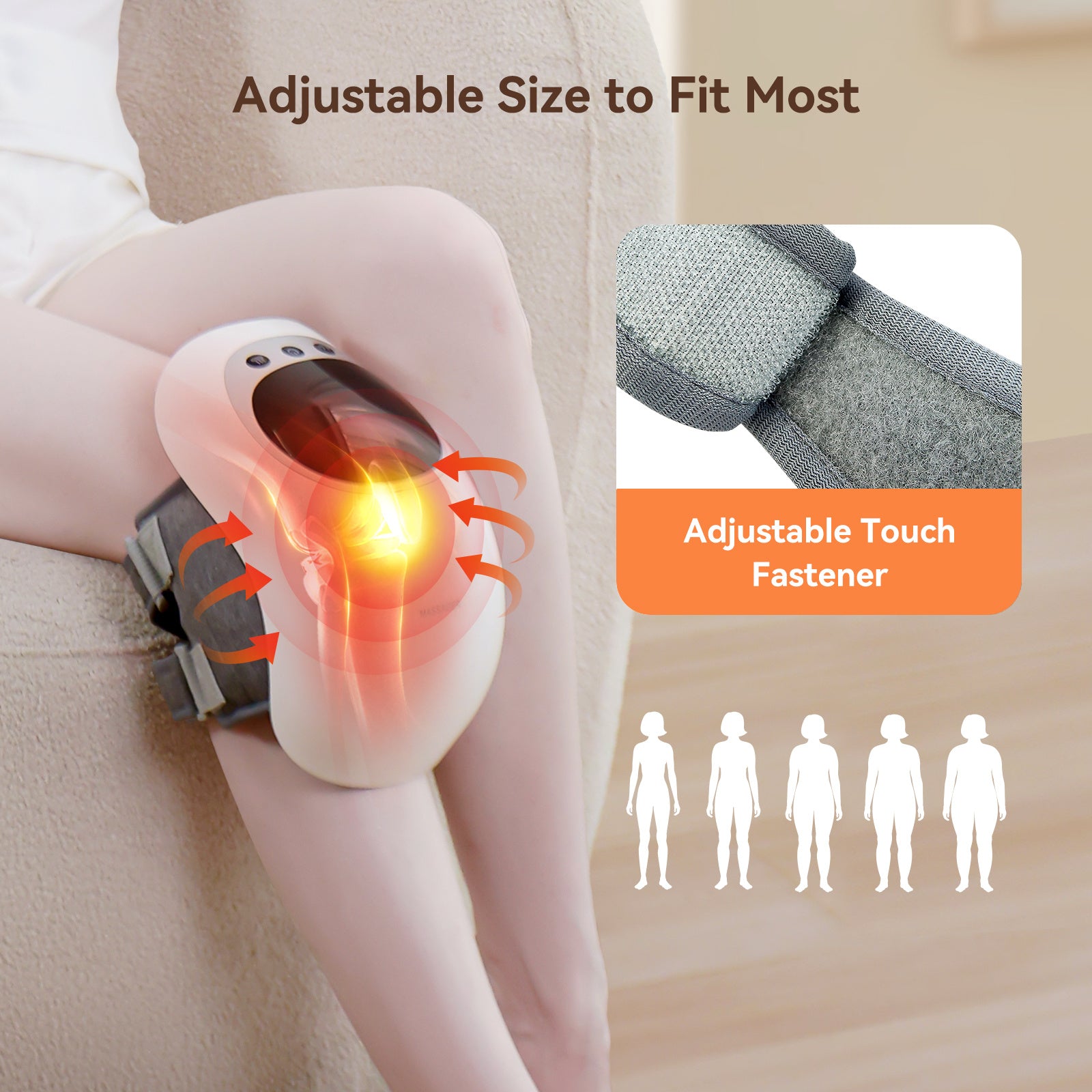 Wireless knee massager highlighting adjustable fit, heat function, and touch fastener for comfort and pain relief.