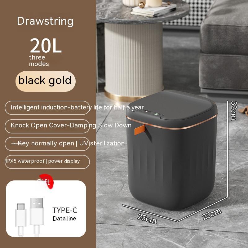 Smart trash can in black gold with touchless feature, 20L capacity, and modern design for easy waste disposal.