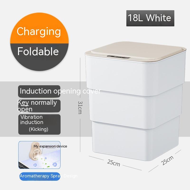 Smart trash can with lid, 18L capacity, foldable, induction opening cover, and aromatherapy spray feature.