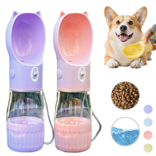 2-in-1 portable dog water bottle and food container in pastel colors for easy pet hydration and feeding on the go