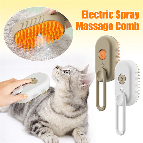 3-in-1 Electric Steam Pet Brush with steam spray, silicone bristles, and ergonomic handle for grooming cats and dogs