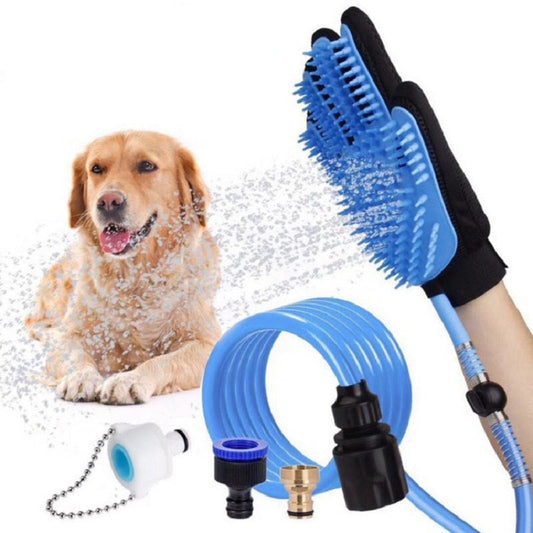 Handheld pet shower sprayer and bathing glove with hose and faucet adapters for easy pet grooming and washing