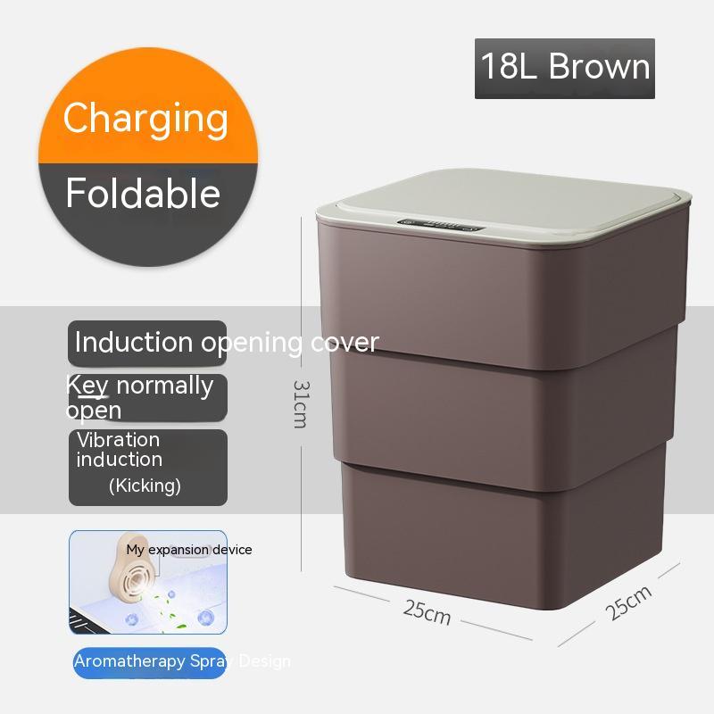 Smart 18L brown trash can with induction opening, foldable design, and aromatherapy spray feature.