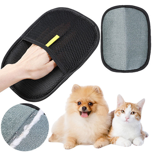 Black pet hair remover mitt with soft silicone bristles for grooming dogs and cats, breathable mesh and durable TPR material, one-size-fits-most design