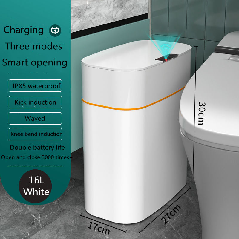 Smart trash can with lid, touchless waste disposal, 16L, sleek white design, three modes, waterproof, ideal for kitchen and bathroom.