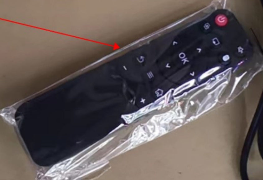 Remote control for a projector, enclosed in plastic packaging, showcasing buttons for operation.