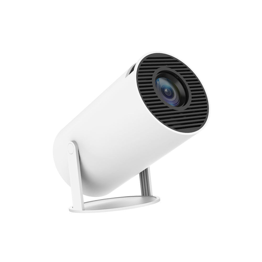 Compact home projector with auto focus, featuring a sleek white design and adjustable stand.