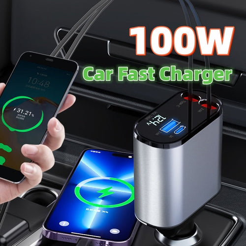 100W USB & Type-C adapter metal car charger fast charging multiple devices