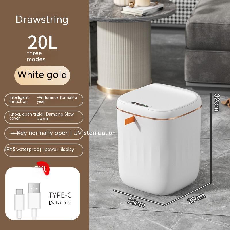 Smart trash can with lid in white gold, 20L capacity, touchless design, perfect for home and car.