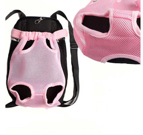Breathable pink front carrier with mesh fabric and adjustable straps for small to medium pets, hands-free and comfortable design