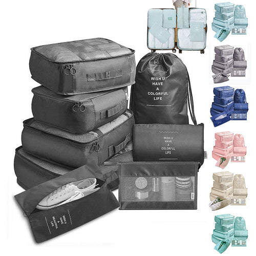 8-piece luggage divider bag set including travel packing cubes and organizers in various sizes for clothes, shoes, and accessories.