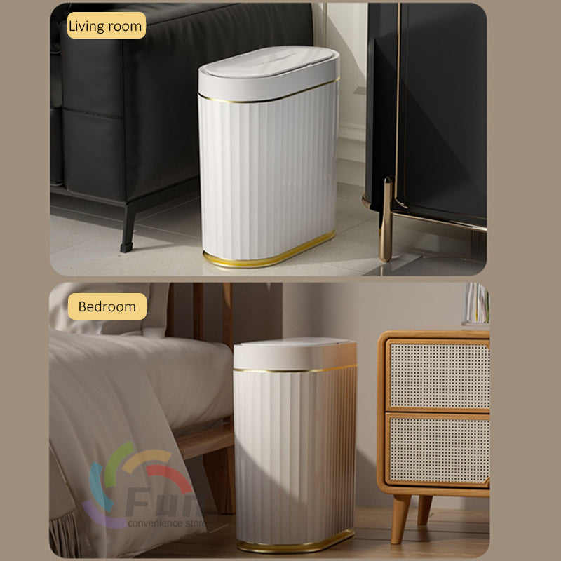 Smart trash can with lid displayed in living room and bedroom settings, showcasing its stylish design and touchless feature.