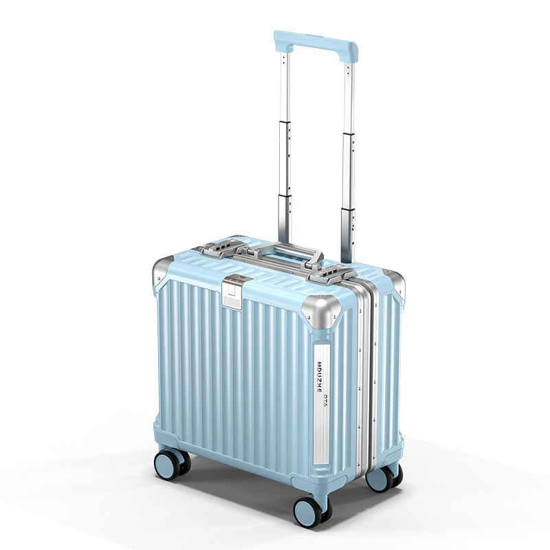 Lightweight blue hard-shell travel trolley bag with password lock and smooth-rolling wheels.
