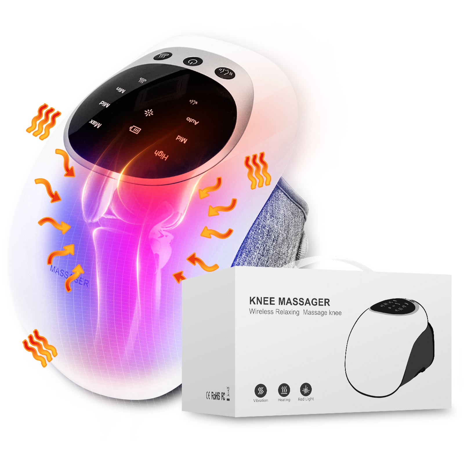 Wireless knee massager with LED, heat and vibration features for pain relief and relaxation.