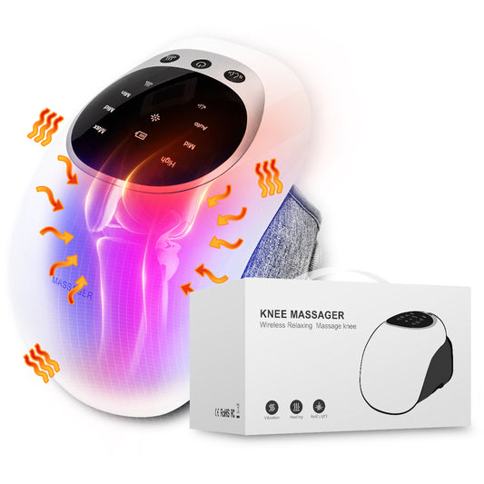 Wireless knee massager with LED, heat and vibration features for pain relief and relaxation.