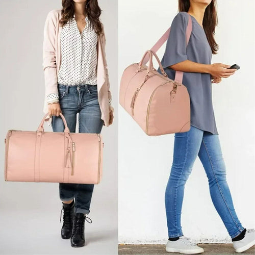 Foldable PU leather travel duffel bag in pink, shown carried by women using handles and shoulder strap, ideal for stylish travel and compact storage.