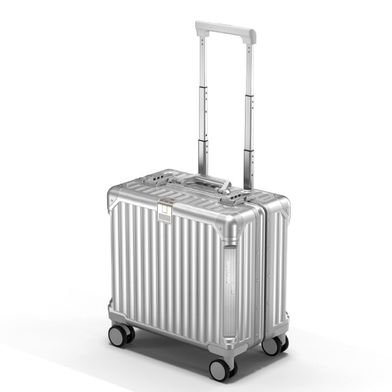 Lightweight silver travel trolley bag with hard-shell exterior and wheels, featuring a telescopic handle and password lock.