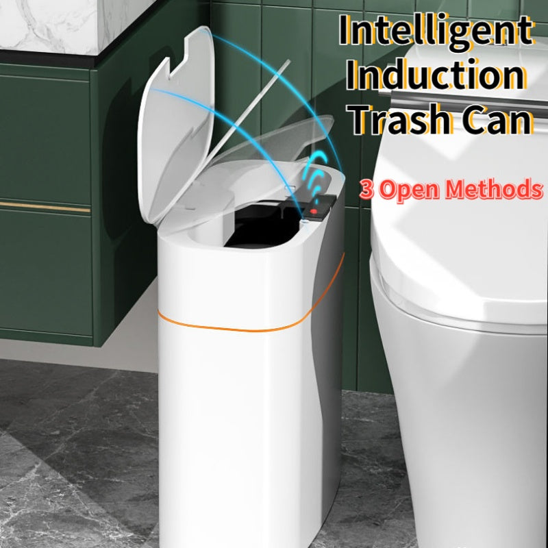 Intelligent induction trash can with lid in white, featuring three methods for touchless waste disposal.