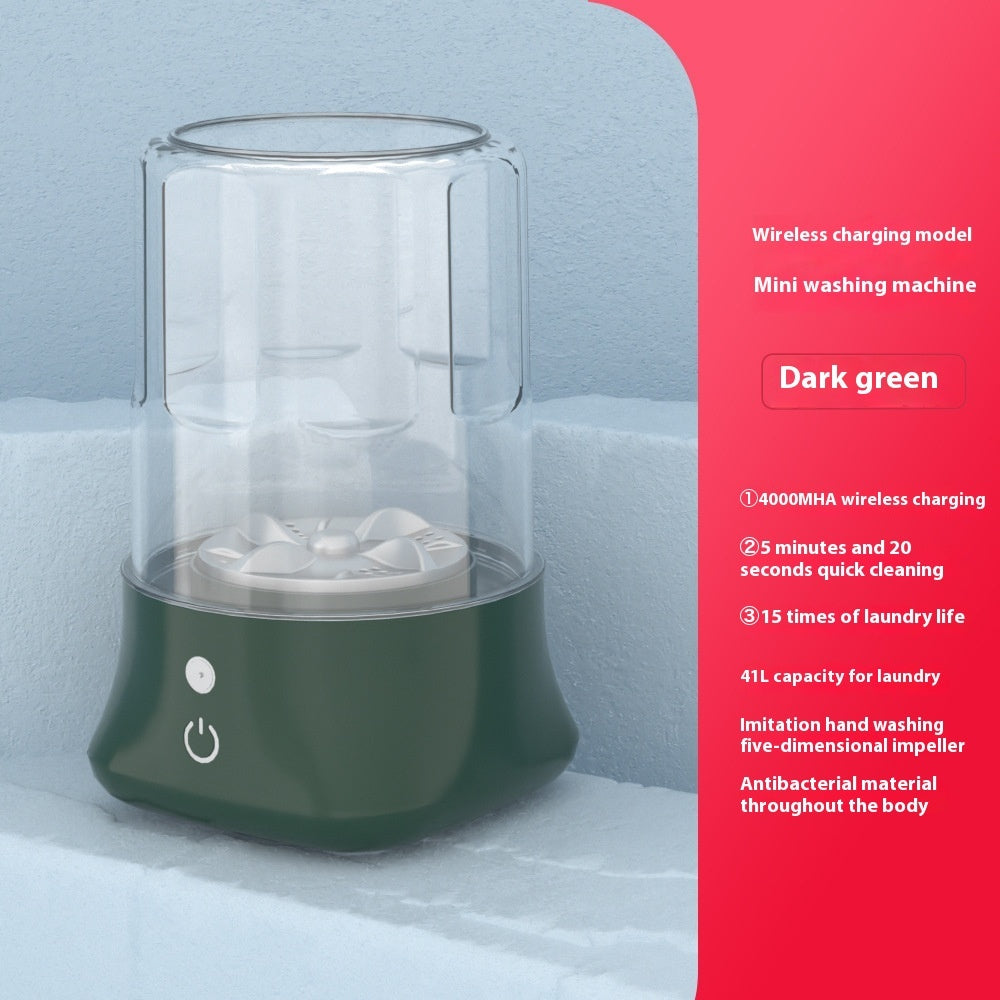 Mini rechargeable washing machine in dark green, featuring wireless charging and antibacterial materials for efficient cleaning.