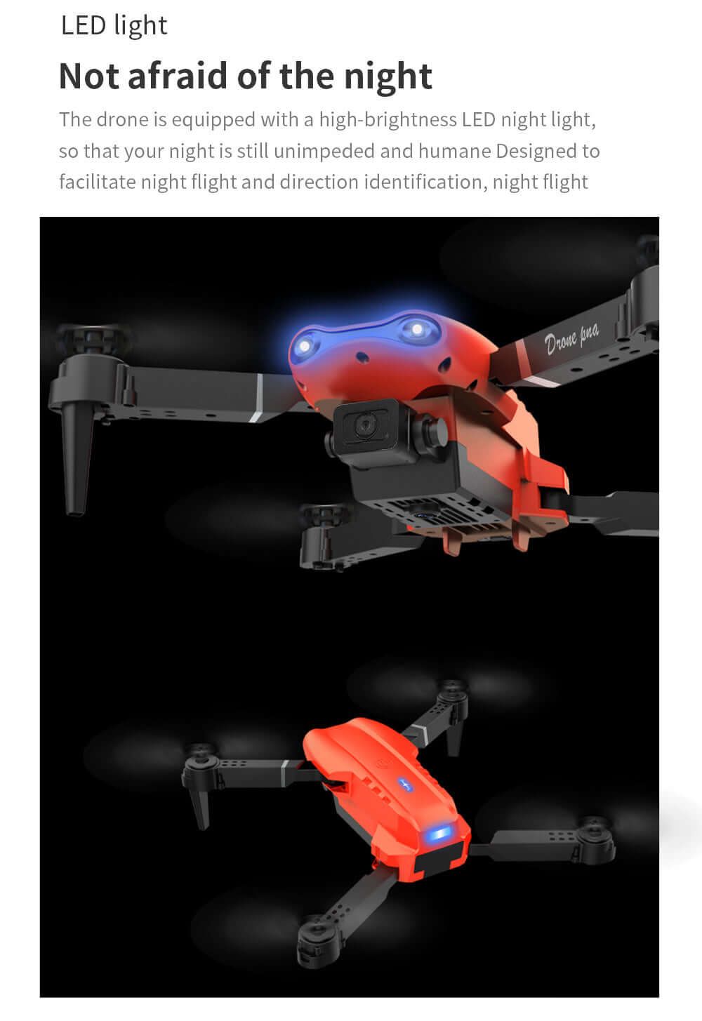 The E99 Smart Camera Drone featuring high-brightness LED light for enhanced night flight safety and direction identification.