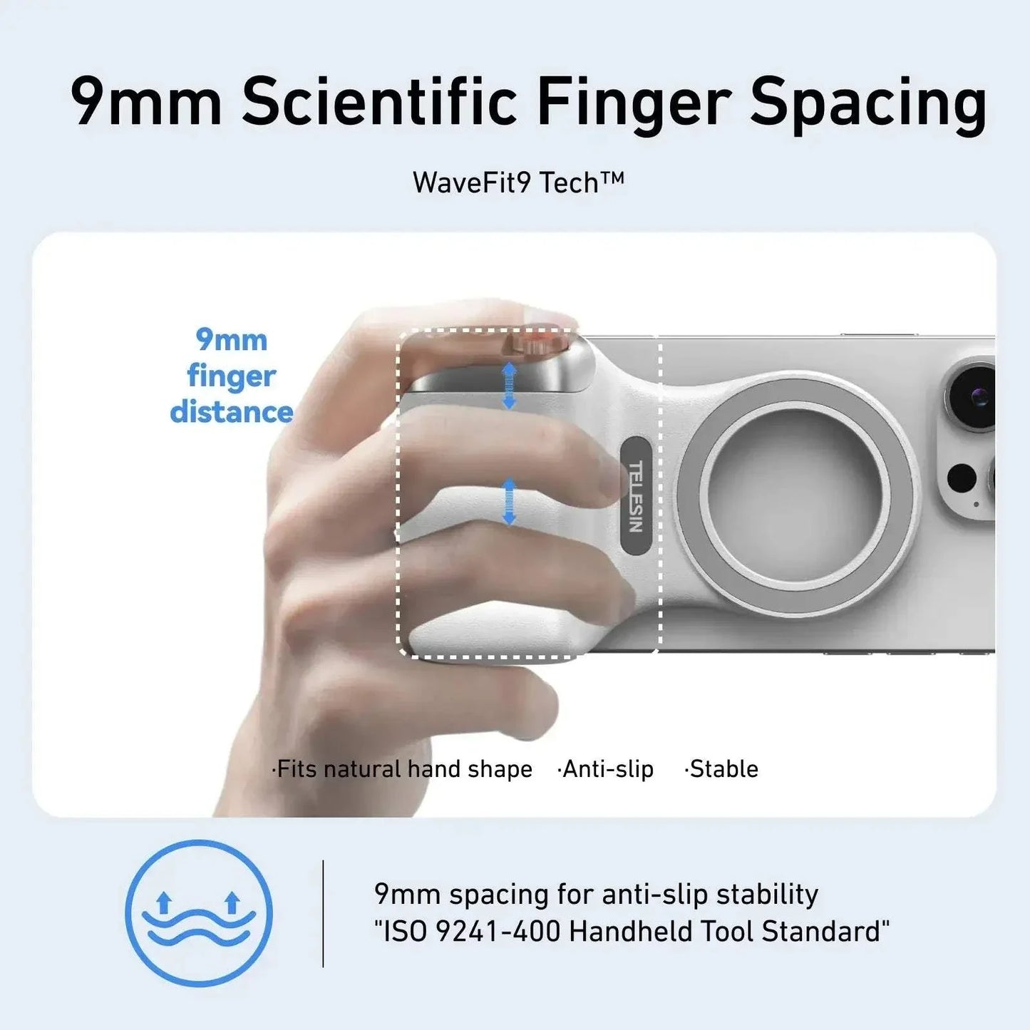 Image showcasing 9mm finger spacing for anti-slip grip stability using WaveFit9 Tech.