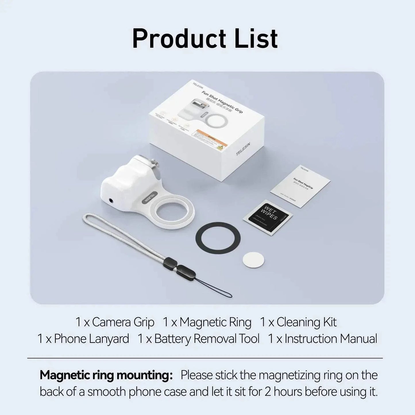 Image showing the product list for Magnetic Camera Grip with Remote, including grip, magnetic ring, cleaning kit, and manual.