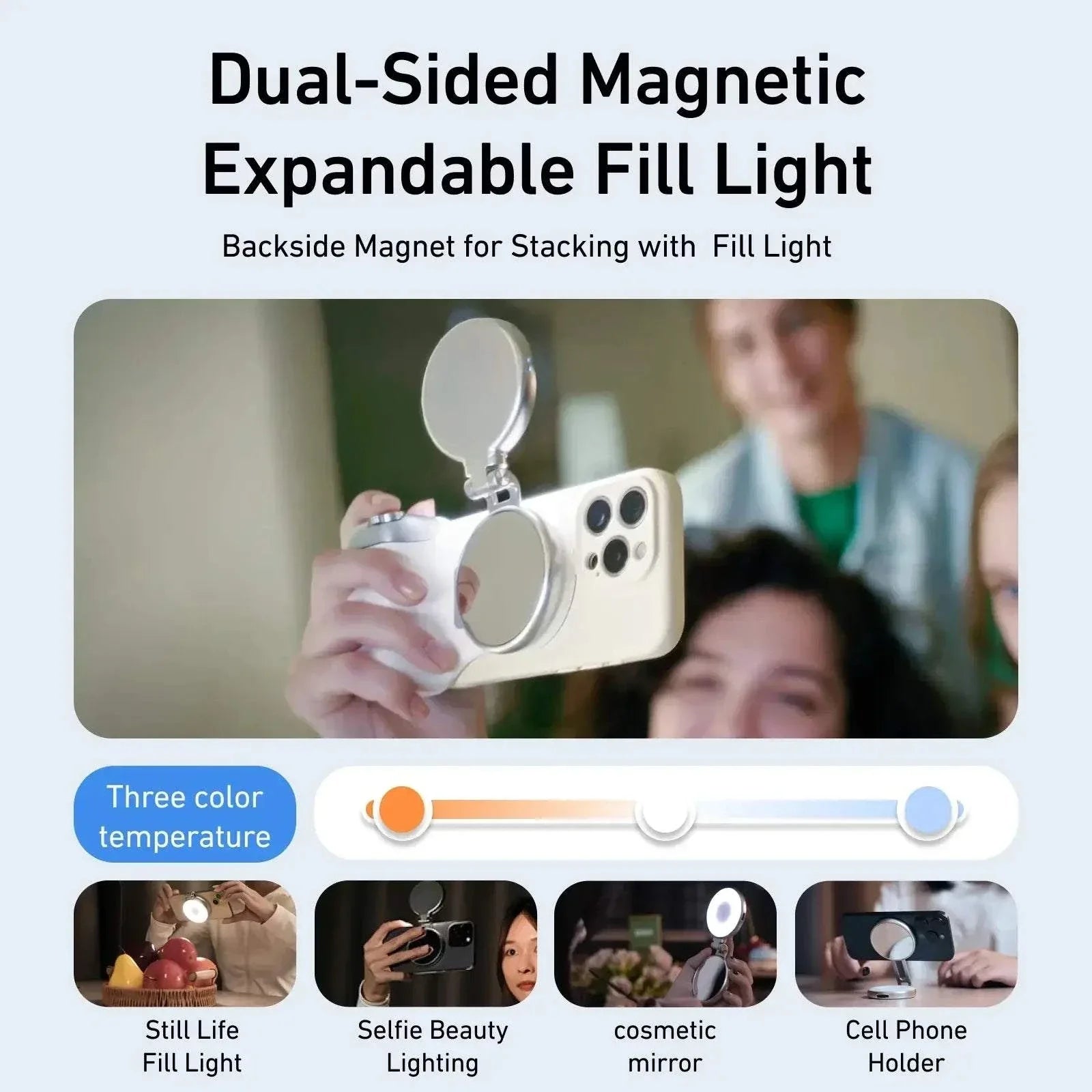 Image of Dual-Sided Magnetic Expandable Fill Light showcasing multiple uses with phone camera for varying lighting conditions.