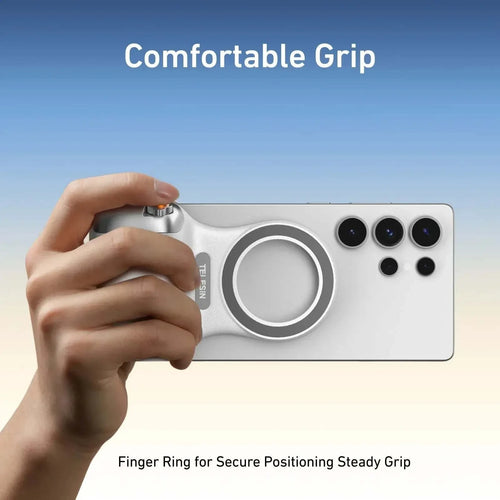 Magnetic camera grip attached to smartphone showing ergonomic design and finger ring for steady hold