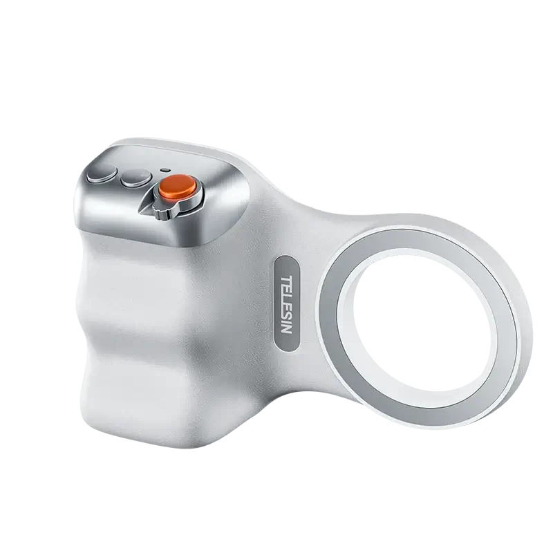 Magnetic Camera Grip with Remote for steady shots, featuring detachable Bluetooth remote and expandable design.