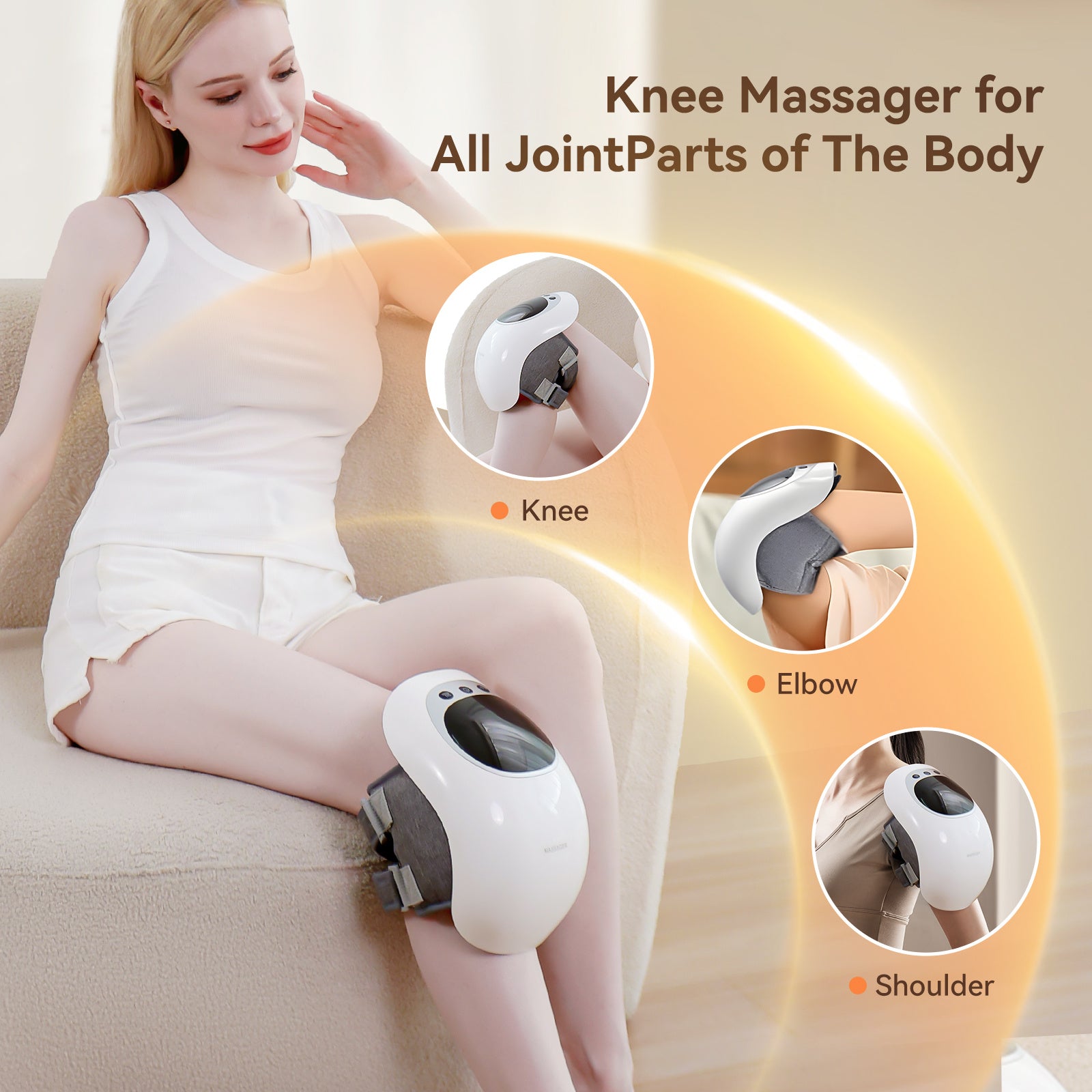 Woman using a knee massager designed for all body joints, including knee, elbow, and shoulder.