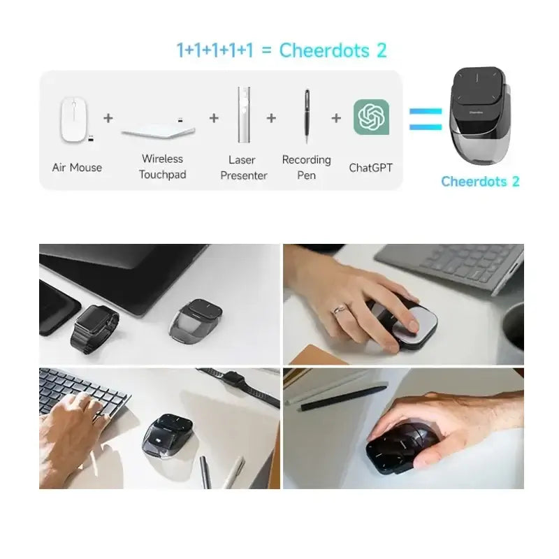 Image showing AI Air Mouse 2025, wireless touchpad, laser presenter, recording pen, and ChatGPT features.