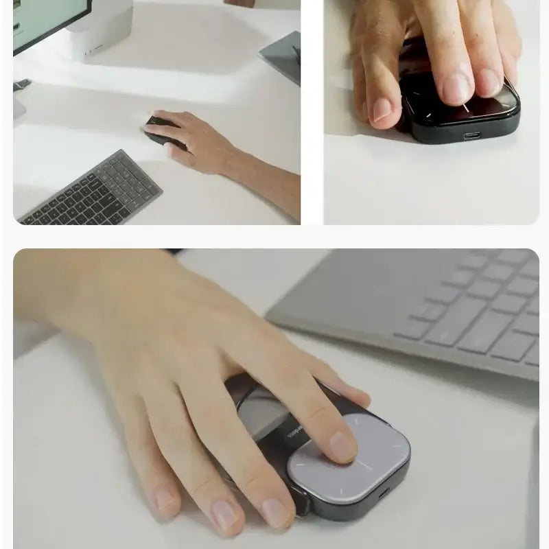 Close-up of a user using the AI Air Mouse 2025 with a sleek design on a workspace, showcasing advanced features.