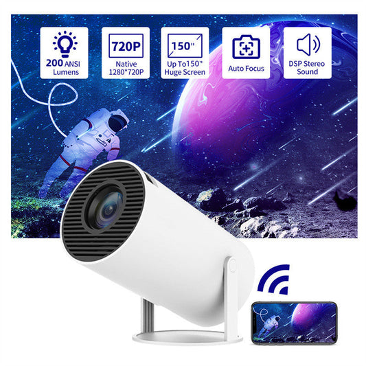 Compact home projector with auto focus displaying space-themed visuals, featuring 200 ANSI lumens, 720p resolution, 150-inch screen projection, and stereo sound.
