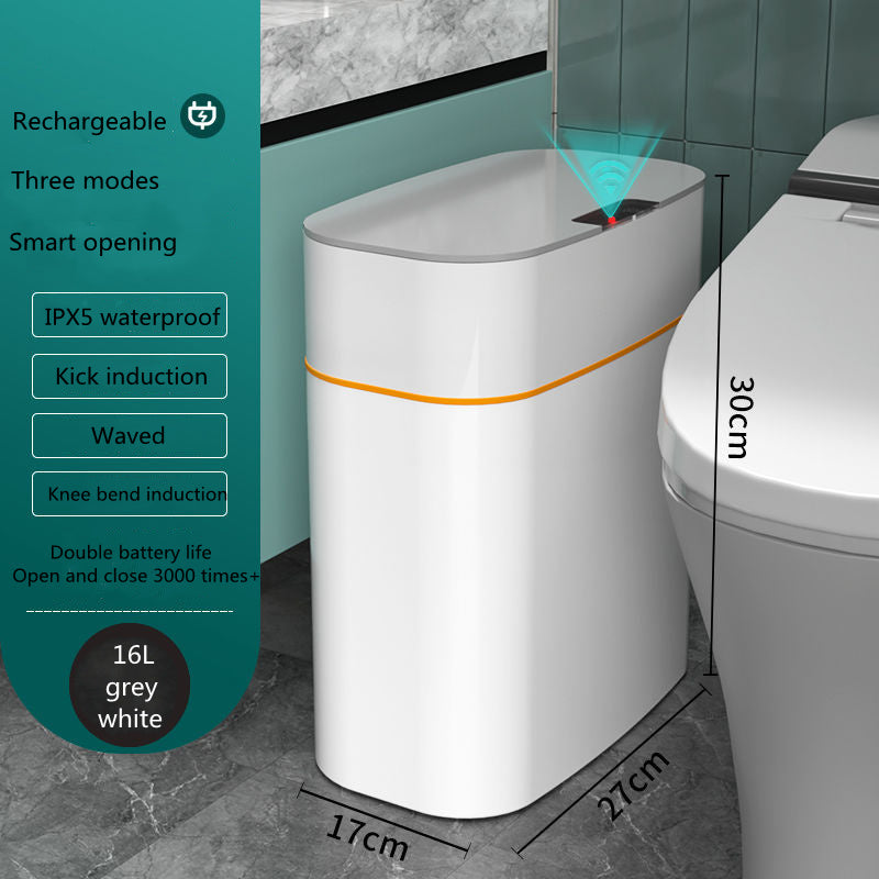 Smart trash can with lid featuring touchless operation, rechargeable battery, and modern design for cleaner waste disposal.